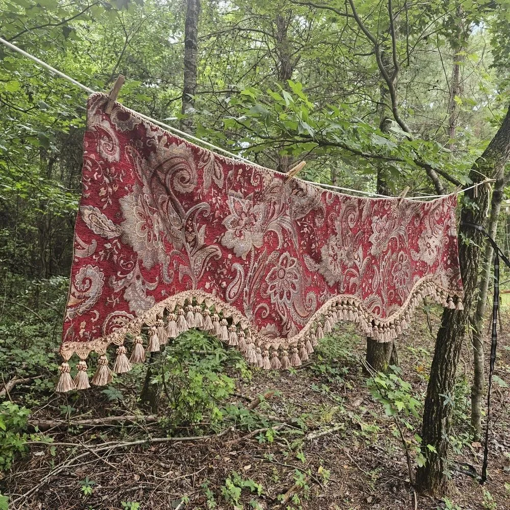 Vintage 1980s Ornate Paisley Damask Window Valance with Gold Tassel Trim